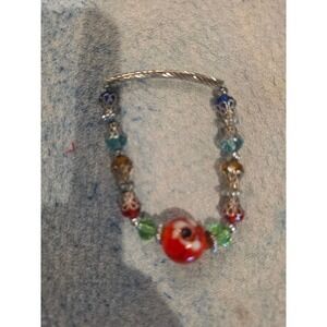 Handmade Multi‎ Color Glass Bead Silver Tone Cable Bangle Stretch Bracelet